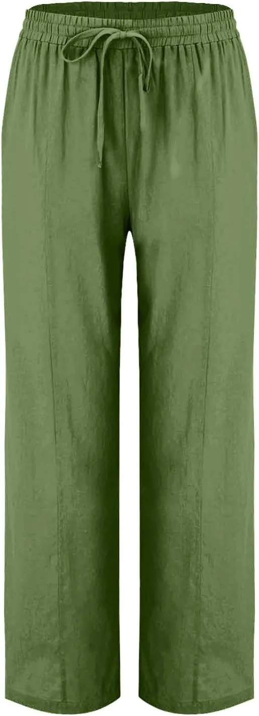 Hvyesh Womens Casual Linen Pants High Waist Drawstring Loose Fit Summer Pants Straight Leg Trousers with Pockets