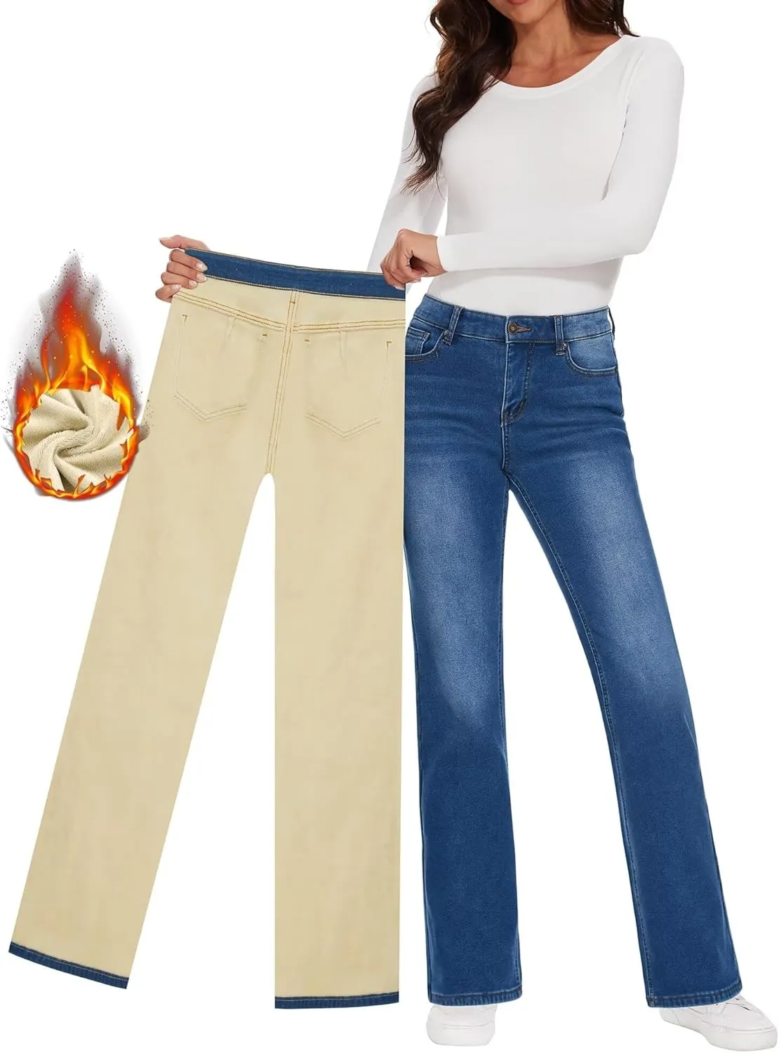 KDF Fleece Lined Jeans Women High Waisted Wide Leg Baggy Jeans for Women Winter Lined Jean Pants