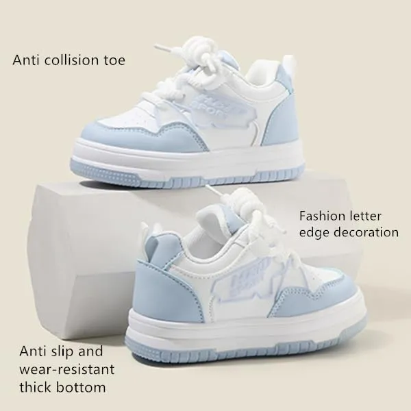 Kids Athletic Sneakers, White and Light Blue, Lace-up Sports Shoes