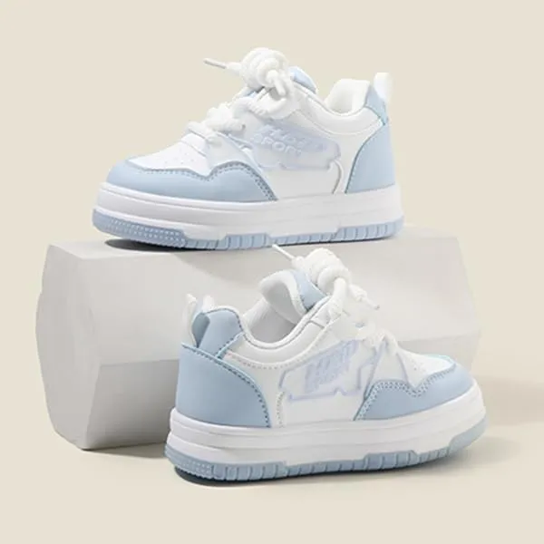 Kids Athletic Sneakers, White and Light Blue, Lace-up Sports Shoes