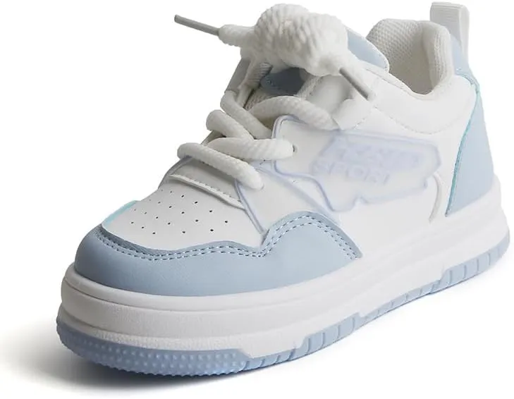 Kids Athletic Sneakers, White and Light Blue, Lace-up Sports Shoes
