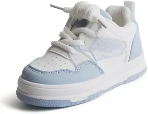 Kids Athletic Sneakers, White and Light Blue, Lace-up Sports Shoes