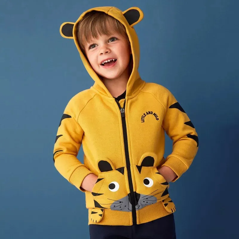 Kids Boys Girls Tiger Dino Print Fleece Hooded Jackets