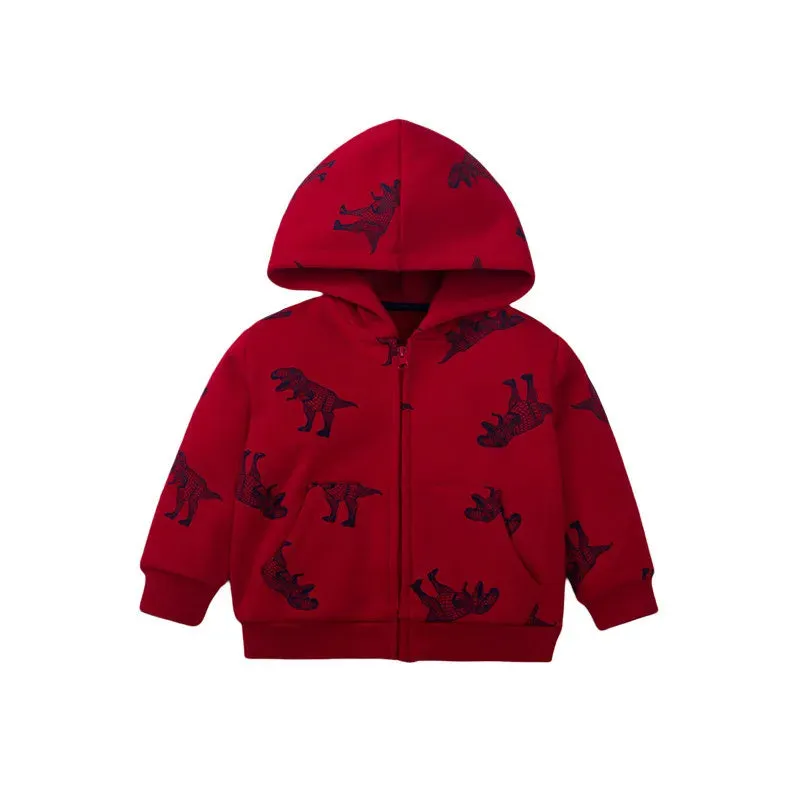 Kids Boys Girls Tiger Dino Print Fleece Hooded Jackets
