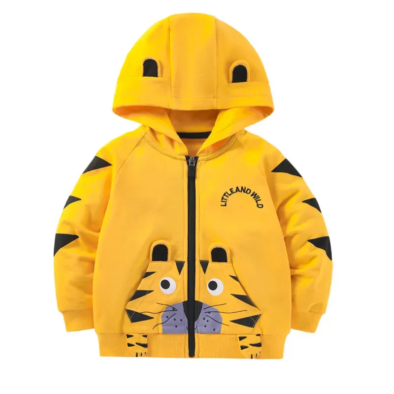 Kids Boys Girls Tiger Dino Print Fleece Hooded Jackets