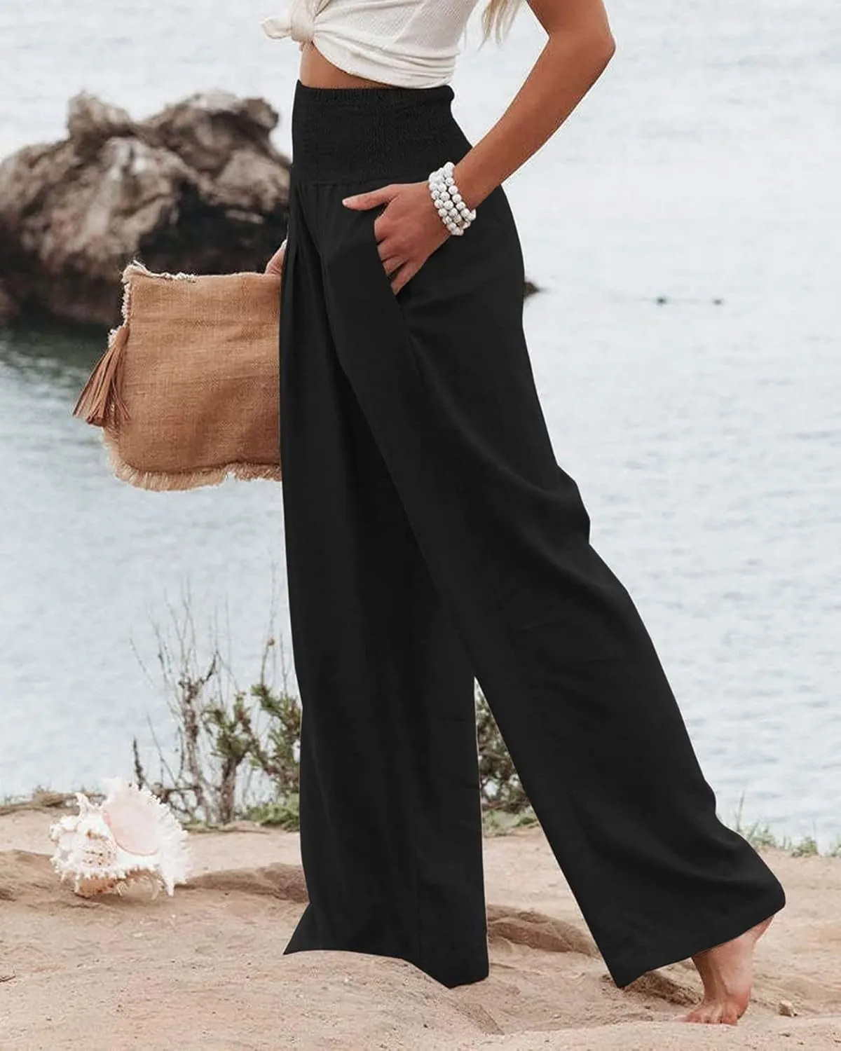 Kubbon Women Linen Palazzo Pants High Waist Casual Pants Wide Leg Long Lounge Pant Trousers Beach Travel Vacation Outfits