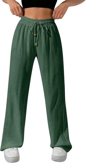 Ladies Linen Pants Summer Drawstring High Waist Wide Leg Pants Casual Palazzo Pant Fashion Trouser with Pockets