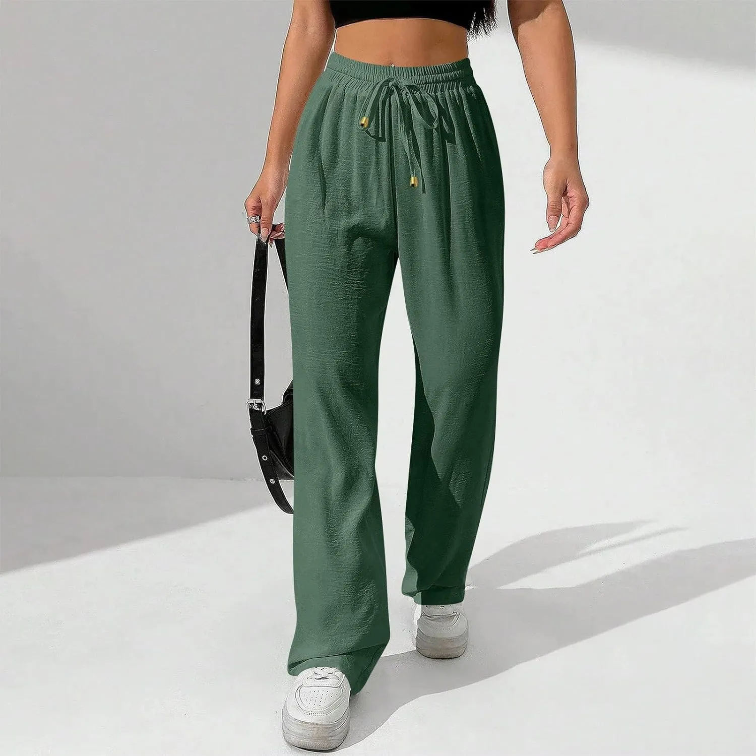 Ladies Linen Pants Summer Drawstring High Waist Wide Leg Pants Casual Palazzo Pant Fashion Trouser with Pockets