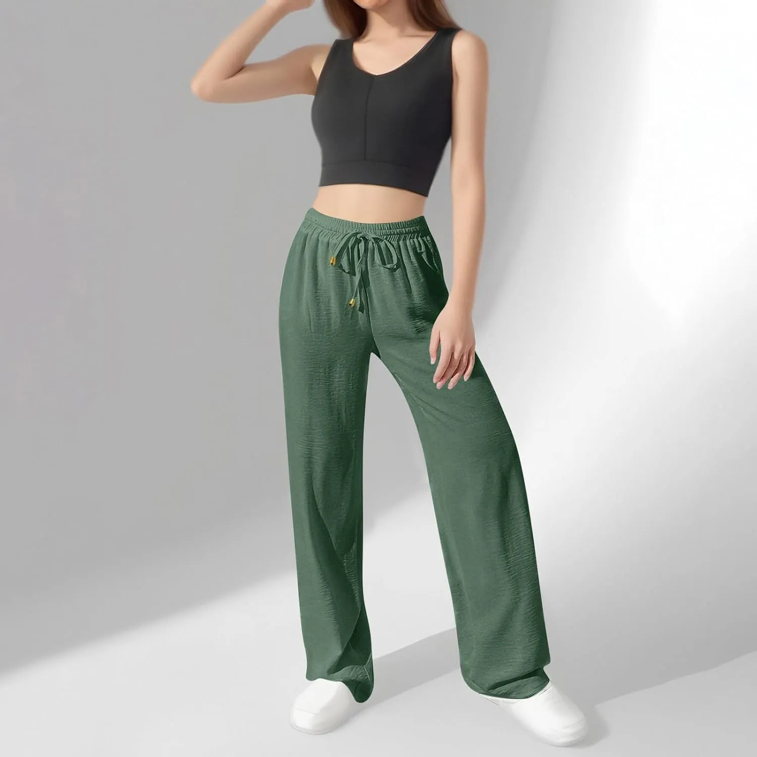 Ladies Linen Pants Summer Drawstring High Waist Wide Leg Pants Casual Palazzo Pant Fashion Trouser with Pockets