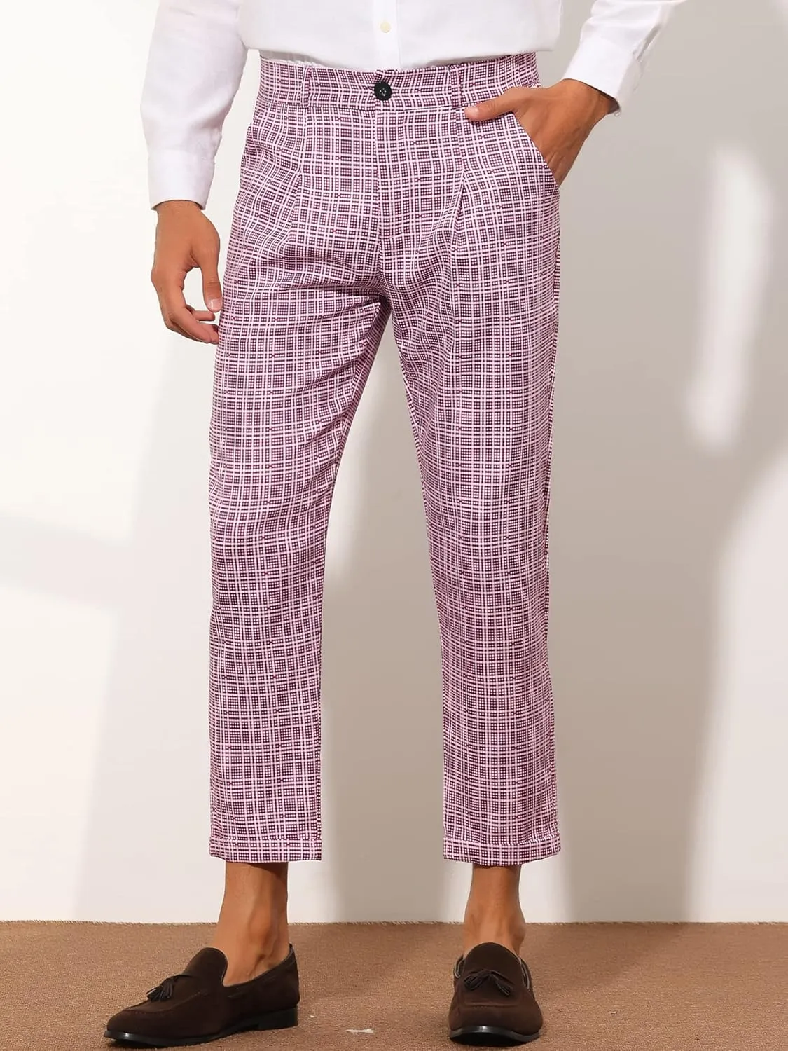 Lars Amadeus Plaid Cropped Pants for Men's Slim Fit Business Dress Pants Checked Slacks