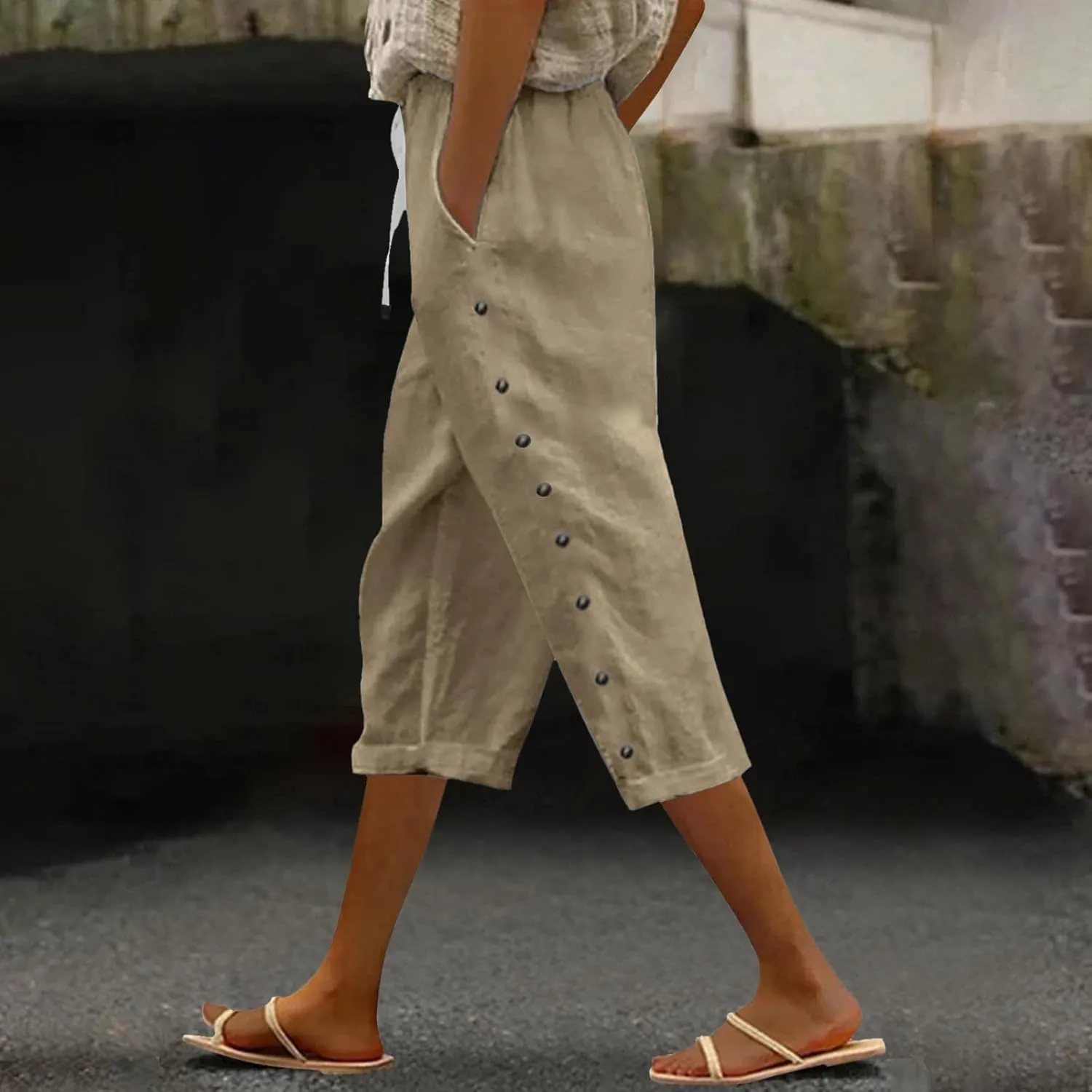 Lastesso Capri Pants for Women Basic Solid Summer Boho Lounge Trousers with Pocket Loose Comfy Drawstring Vacation Outfits