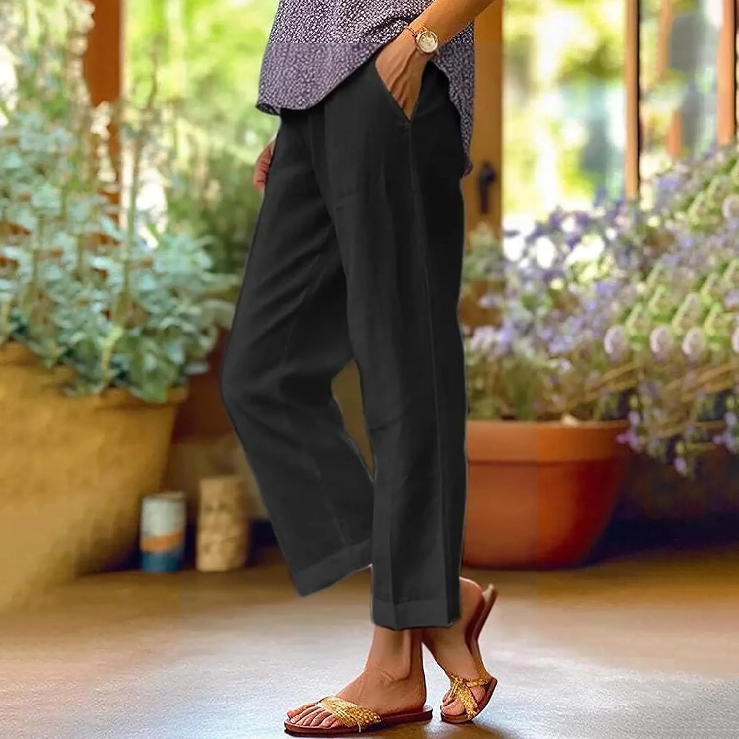 Leggings for Women Solid Elastic Pants Long Drawstring Linen Women Waist Cotton Casual Slit Trouser Legs Pants