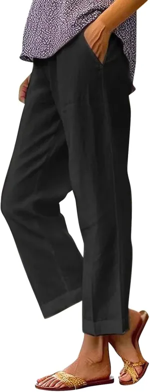 Leggings for Women Solid Elastic Pants Long Drawstring Linen Women Waist Cotton Casual Slit Trouser Legs Pants