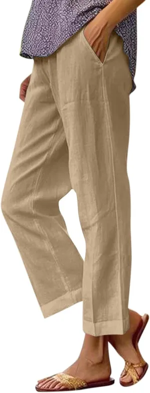Lightweight Linen Pants for Women Summer Elastic Waisted Straight Leg Pants Casual Loose Fit Solid Color Trousers
