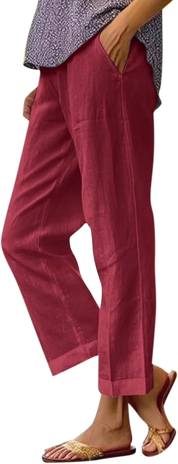 Lightweight Linen Pants for Women Summer Elastic Waisted Straight Leg Pants Casual Loose Fit Solid Color Trousers