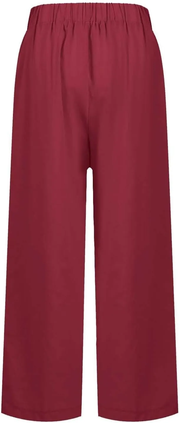 Lightweight Linen Pants for Women Summer Elastic Waisted Straight Leg Pants Casual Loose Fit Solid Color Trousers