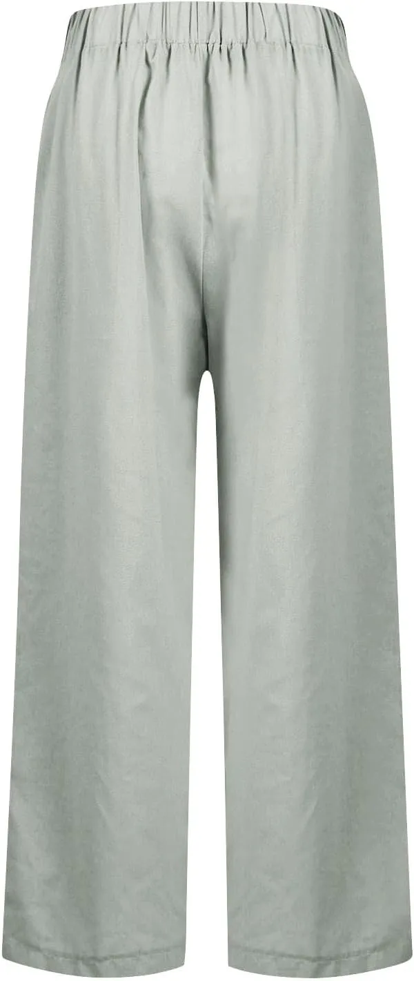 Lightweight Linen Pants for Women Summer Elastic Waisted Straight Leg Pants Casual Loose Fit Solid Color Trousers
