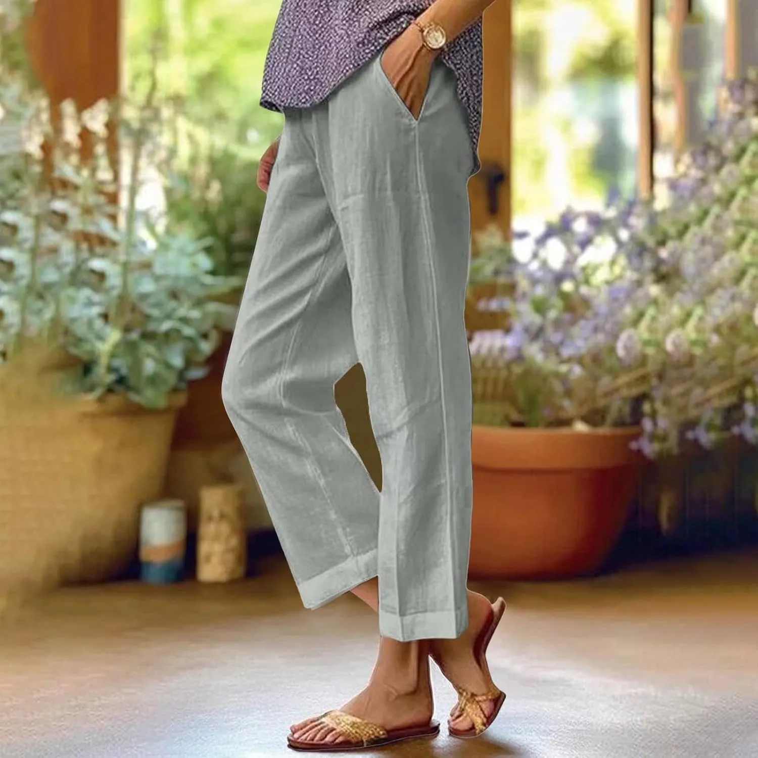 Lightweight Linen Pants for Women Summer Elastic Waisted Straight Leg Pants Casual Loose Fit Solid Color Trousers