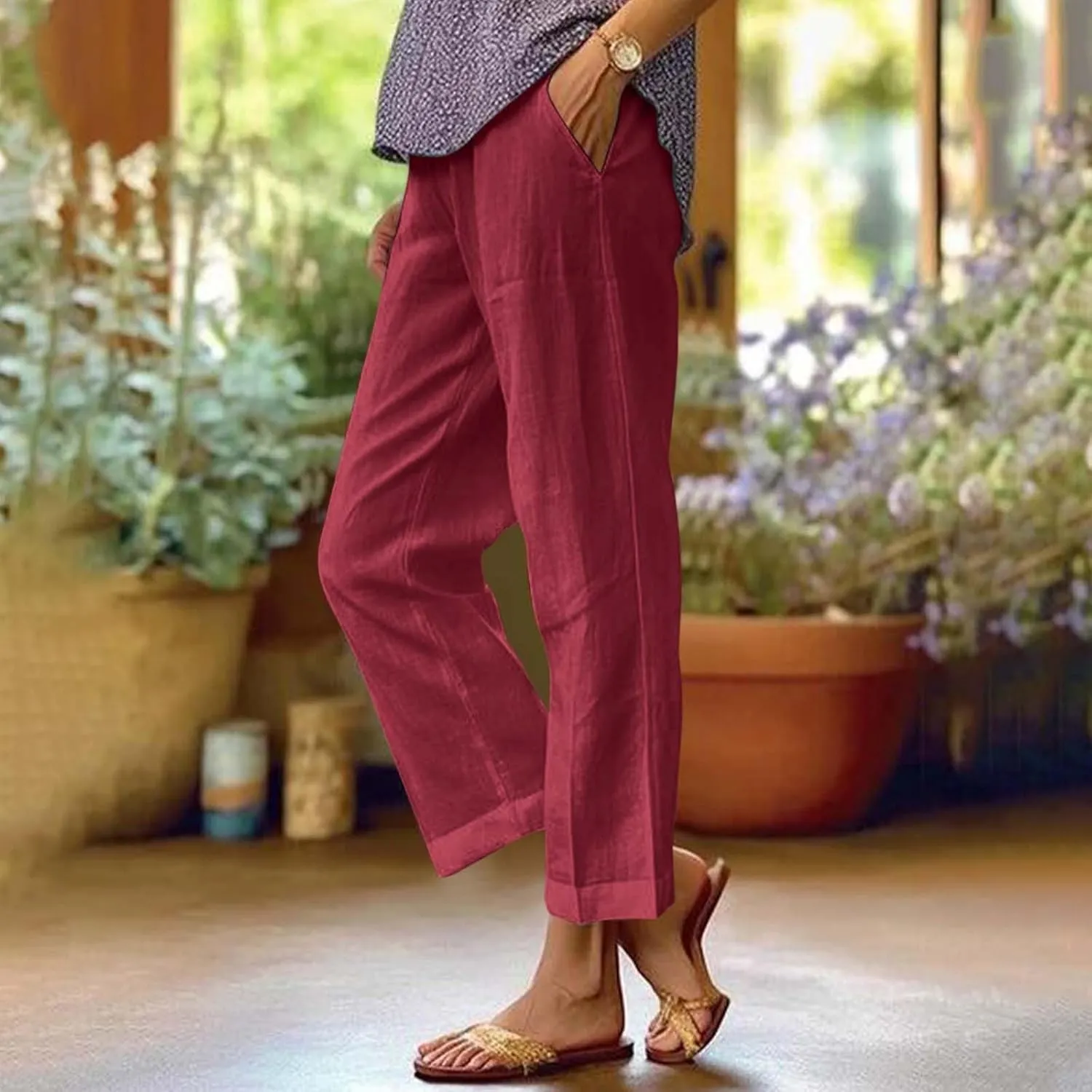 Lightweight Linen Pants for Women Summer Elastic Waisted Straight Leg Pants Casual Loose Fit Solid Color Trousers