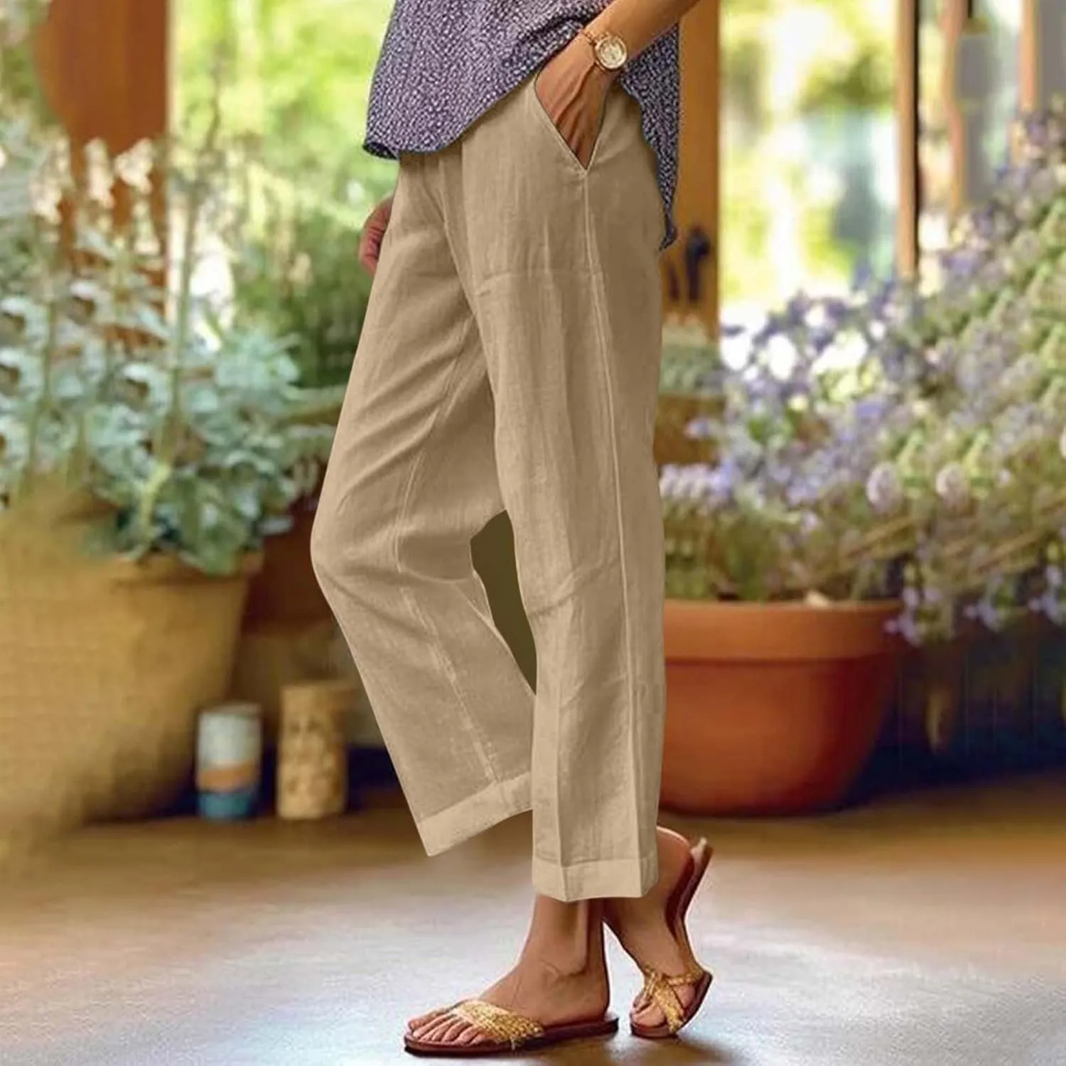 Lightweight Linen Pants for Women Summer Elastic Waisted Straight Leg Pants Casual Loose Fit Solid Color Trousers