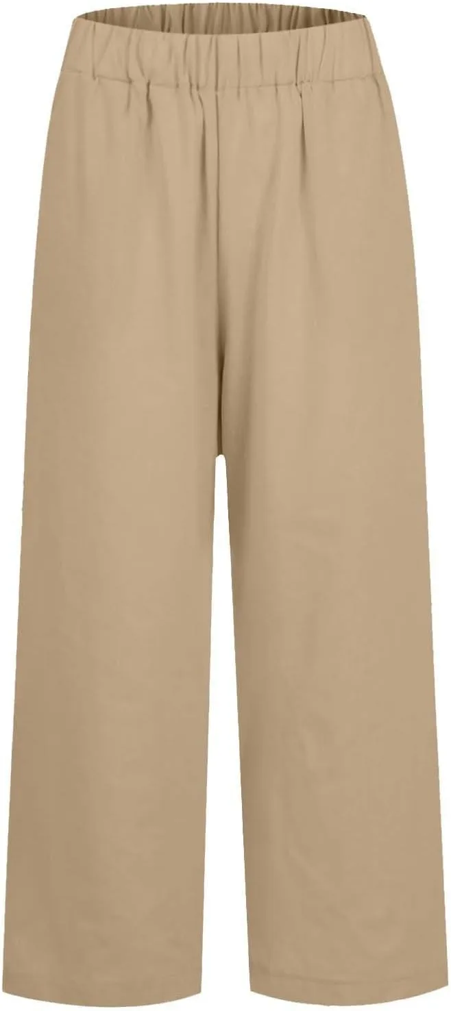 Lightweight Linen Pants for Women Summer Elastic Waisted Straight Leg Pants Casual Loose Fit Solid Color Trousers