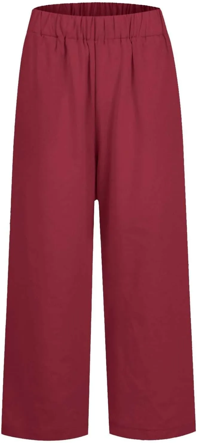 Lightweight Linen Pants for Women Summer Elastic Waisted Straight Leg Pants Casual Loose Fit Solid Color Trousers