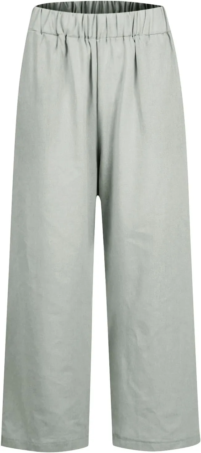 Lightweight Linen Pants for Women Summer Elastic Waisted Straight Leg Pants Casual Loose Fit Solid Color Trousers