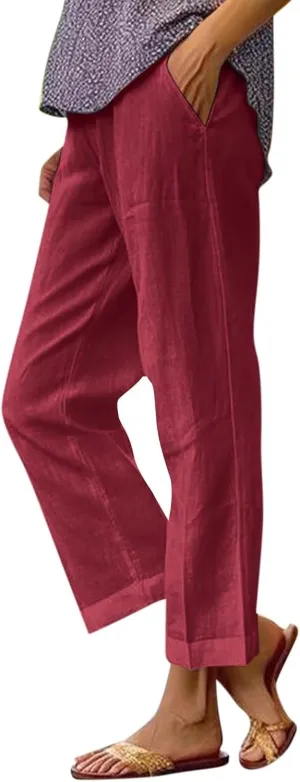 Lightweight Linen Pants for Women Summer Elastic Waisted Straight Leg Pants Casual Loose Fit Solid Color Trousers