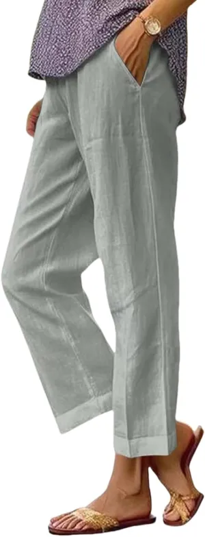 Lightweight Linen Pants for Women Summer Elastic Waisted Straight Leg Pants Casual Loose Fit Solid Color Trousers