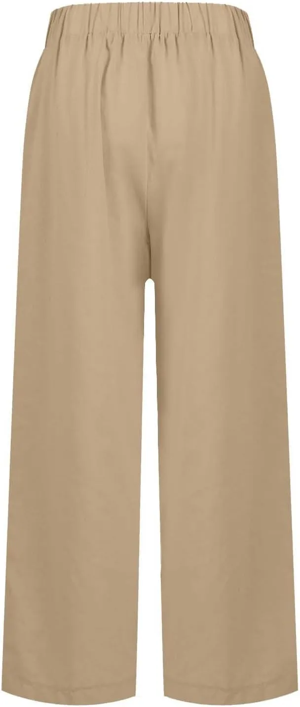 Lightweight Linen Pants for Women Summer Elastic Waisted Straight Leg Pants Casual Loose Fit Solid Color Trousers