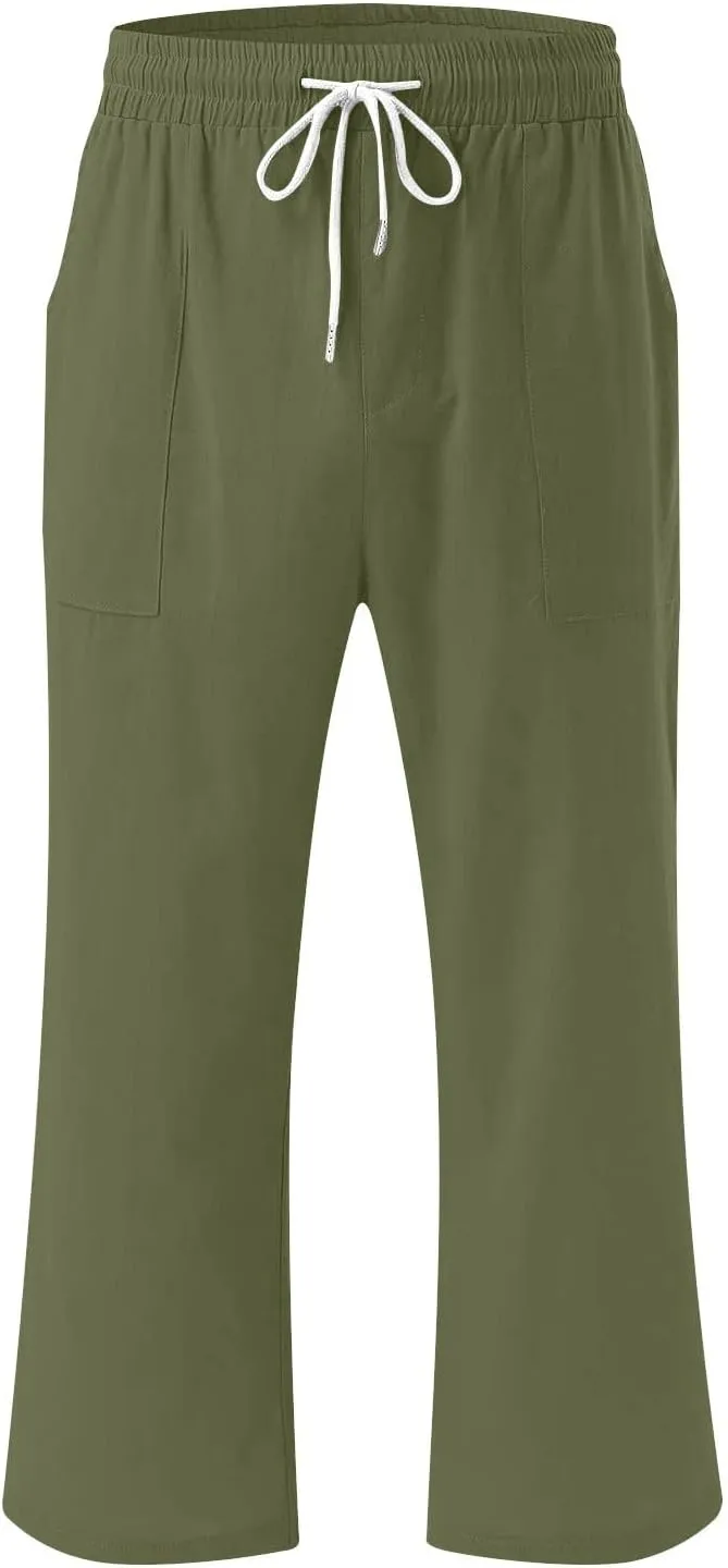 Linen Capri Pants for Women 2025 Summer Casual Elastic Waist Drawstring Pants Straight Wide Leg Cropped Trouser