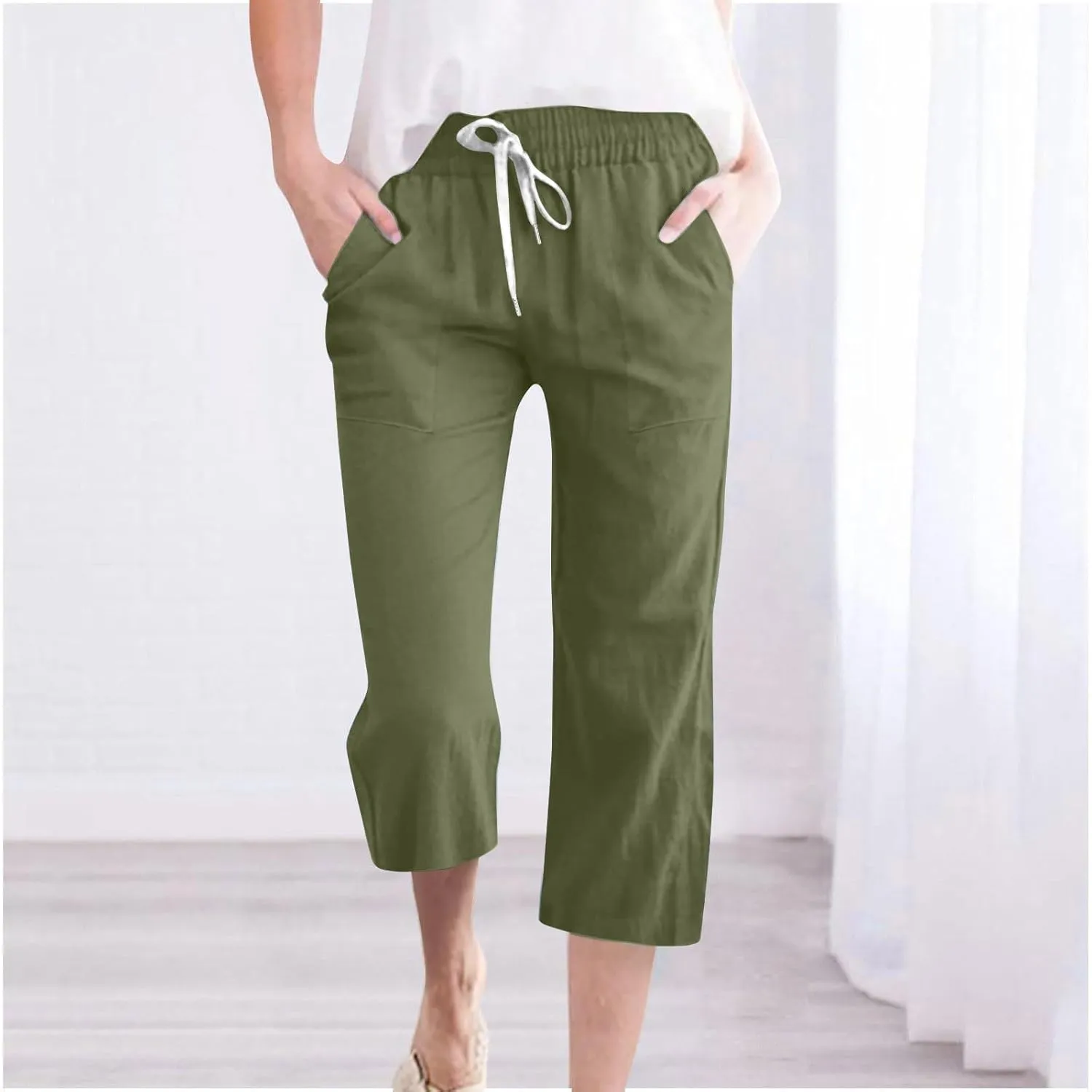 Linen Capri Pants for Women 2025 Summer Casual Elastic Waist Drawstring Pants Straight Wide Leg Cropped Trouser