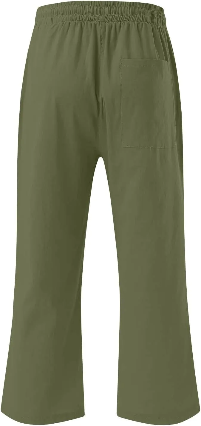 Linen Capri Pants for Women 2025 Summer Casual Elastic Waist Drawstring Pants Straight Wide Leg Cropped Trouser