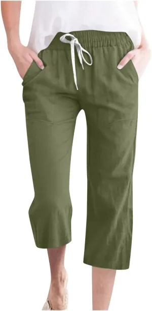 Linen Capri Pants for Women 2025 Summer Casual Elastic Waist Drawstring Pants Straight Wide Leg Cropped Trouser