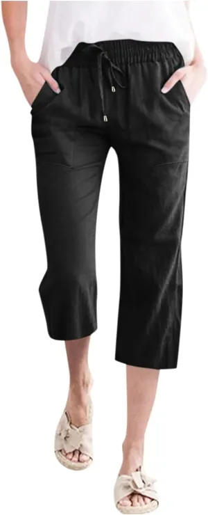 Linen Capri Pants for Women Drawstring Elastic High Waist Wide Leg Pants 2025 Summer Straight Leg Cropped Trousers
