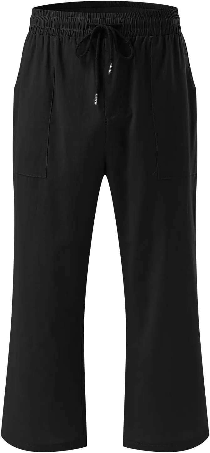 Linen Capri Pants for Women Drawstring Elastic High Waist Wide Leg Pants 2025 Summer Straight Leg Cropped Trousers