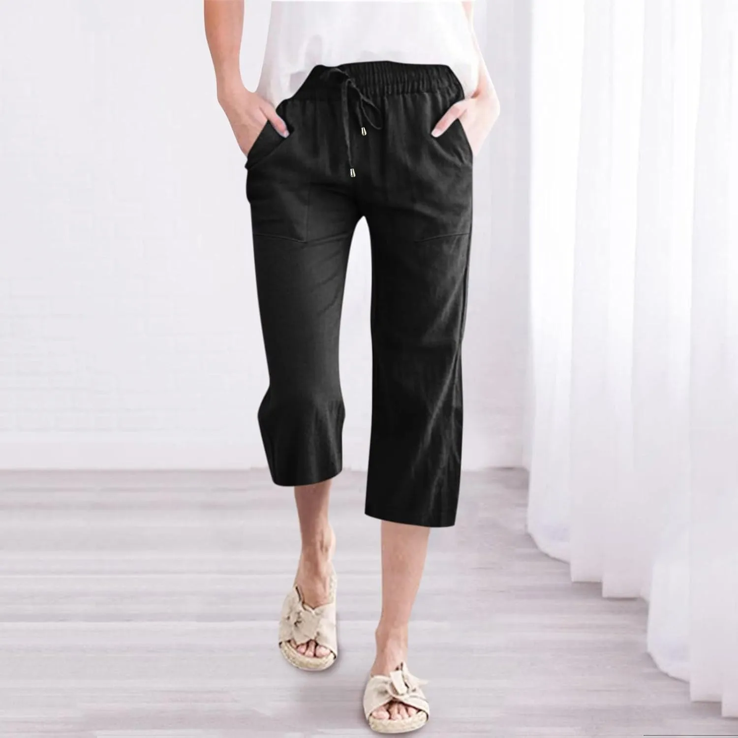 Linen Capri Pants for Women Drawstring Elastic High Waist Wide Leg Pants 2025 Summer Straight Leg Cropped Trousers