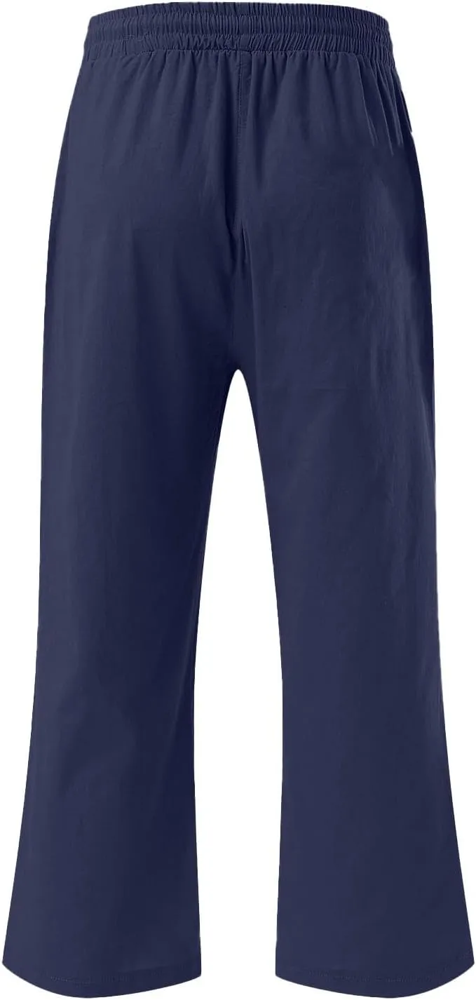 Linen Capris Pants Womens 3/4 Length Cropped Pants Elastic High Waist Summer Work Lounge 3 Quarter Shorts with Pocket