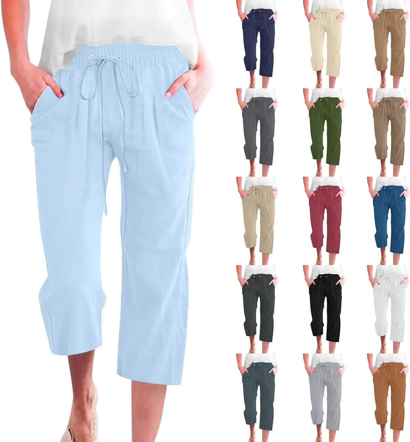 Linen Capris Pants Womens 3/4 Length Cropped Pants Elastic High Waist Summer Work Lounge 3 Quarter Shorts with Pocket