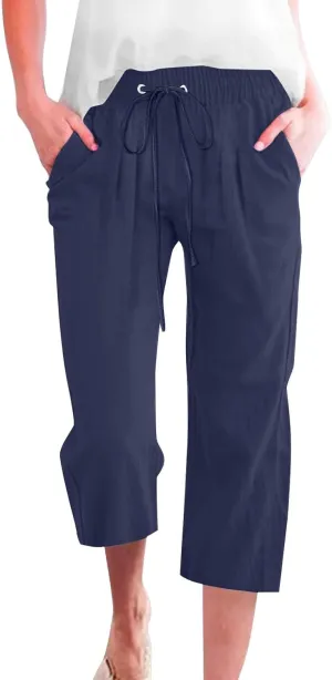 Linen Capris Pants Womens 3/4 Length Cropped Pants Elastic High Waist Summer Work Lounge 3 Quarter Shorts with Pocket