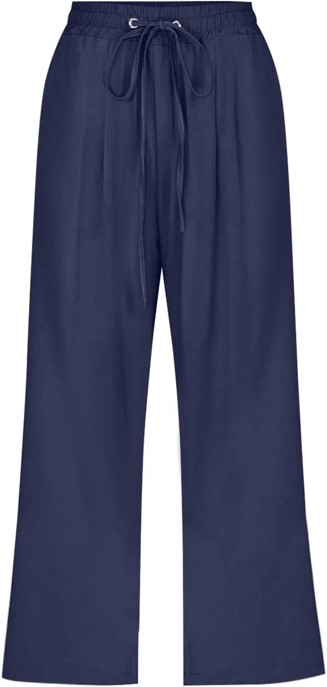 Linen Capris Pants Womens 3/4 Length Cropped Pants Elastic High Waist Summer Work Lounge 3 Quarter Shorts with Pocket