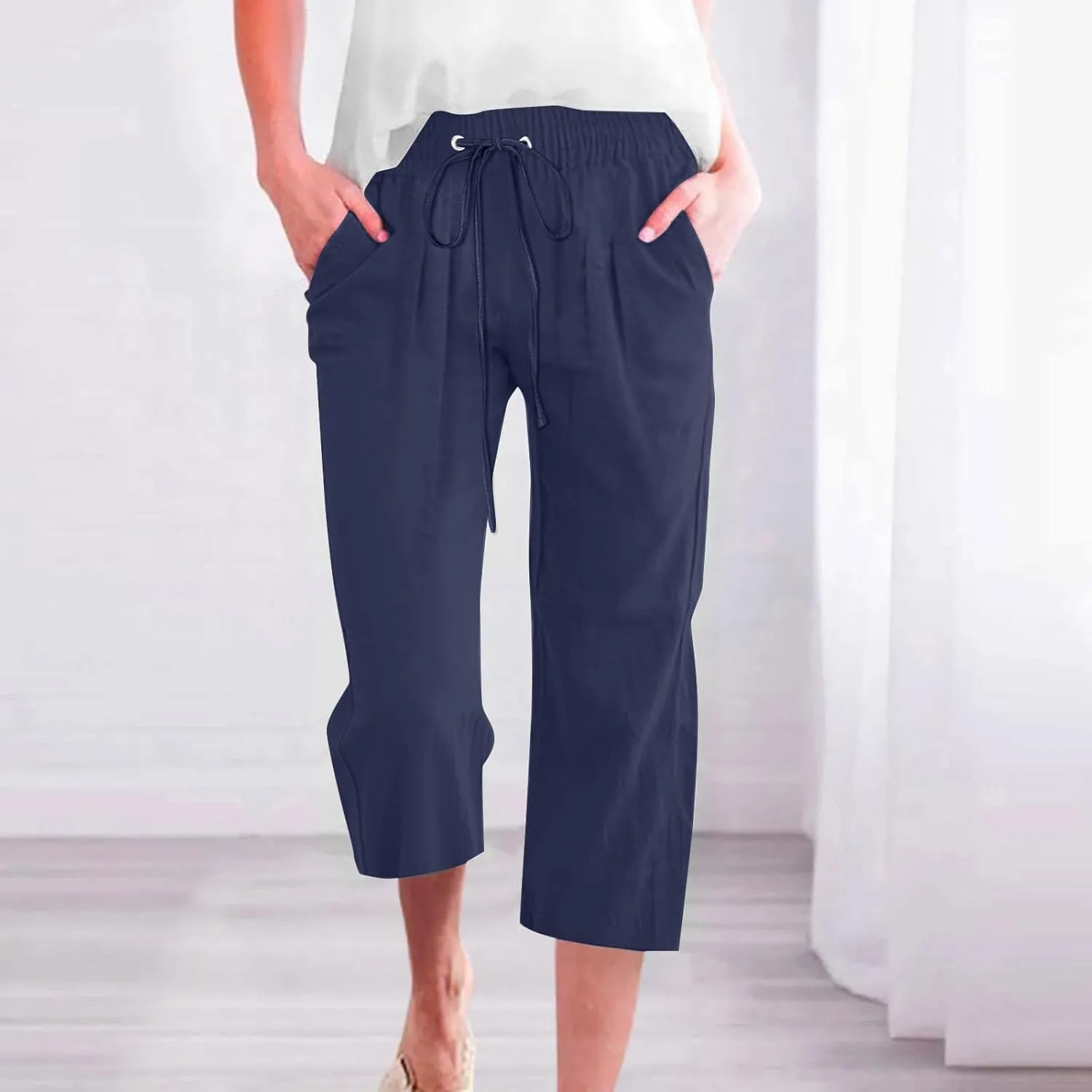 Linen Capris Pants Womens 3/4 Length Cropped Pants Elastic High Waist Summer Work Lounge 3 Quarter Shorts with Pocket
