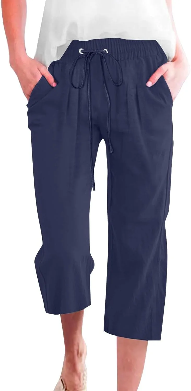 Linen Capris Pants Womens 3/4 Length Cropped Pants Elastic High Waist Summer Work Lounge 3 Quarter Shorts with Pocket