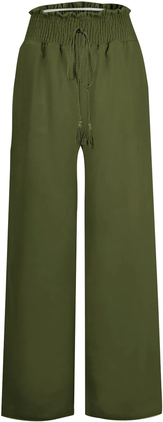 Linen Drawstring Pants for Women High Waist Wide Leg Pant Comfy Flowy Lounge Trousers 2025 Summer Casual Baech Pants