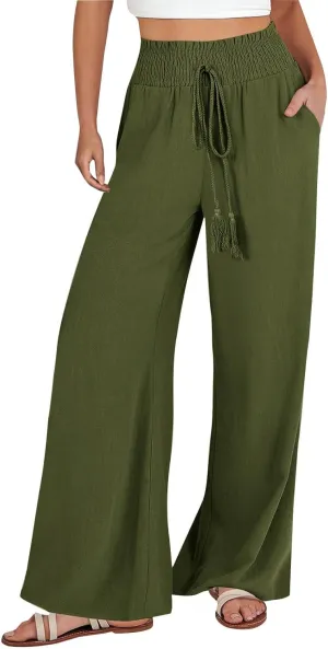 Linen Drawstring Pants for Women High Waist Wide Leg Pant Comfy Flowy Lounge Trousers 2025 Summer Casual Baech Pants