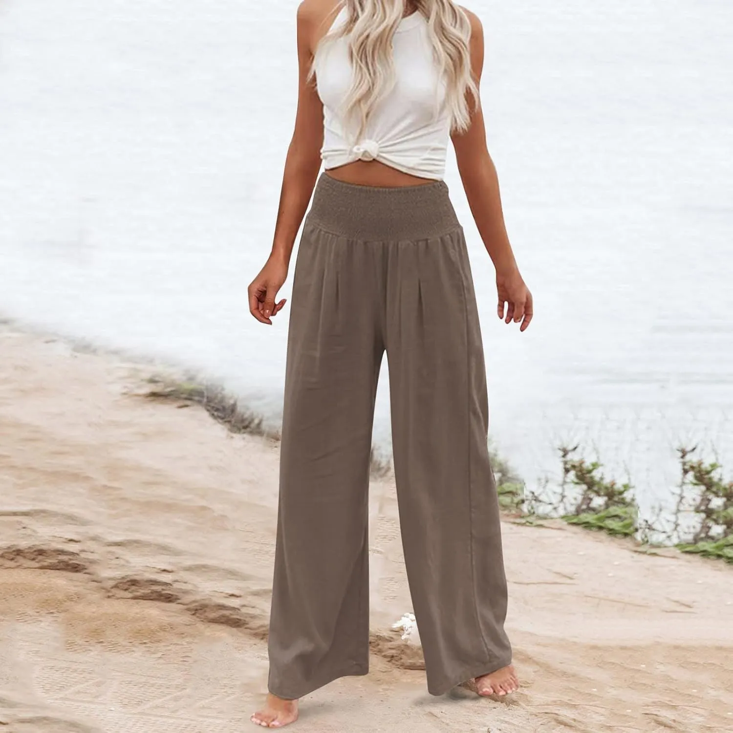 Linen Palazzo Pants For Women Summer Boho Wide Leg High Waist Trousers Casual Lounge Pants Trousers with Pockets