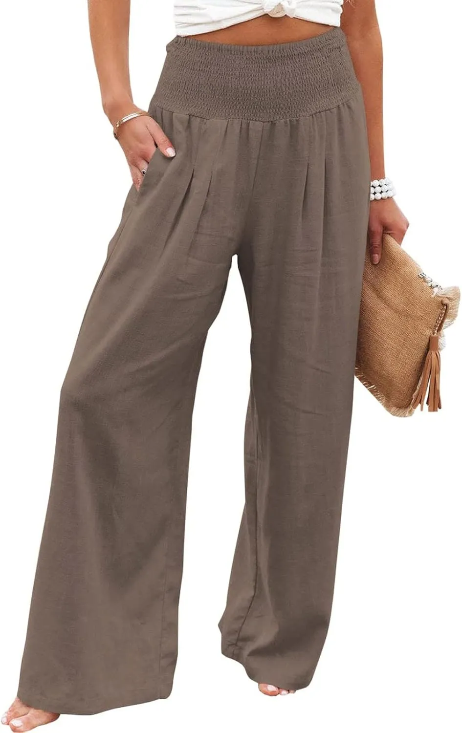 Linen Palazzo Pants For Women Summer Boho Wide Leg High Waist Trousers Casual Lounge Pants Trousers with Pockets