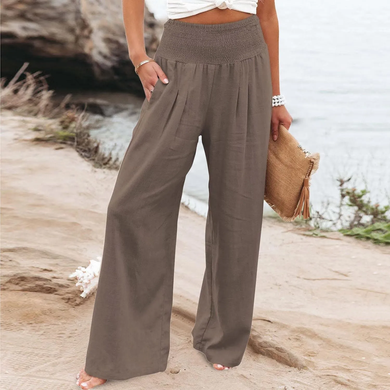 Linen Palazzo Pants For Women Summer Boho Wide Leg High Waist Trousers Casual Lounge Pants Trousers with Pockets