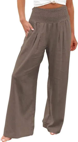 Linen Palazzo Pants For Women Summer Boho Wide Leg High Waist Trousers Casual Lounge Pants Trousers with Pockets