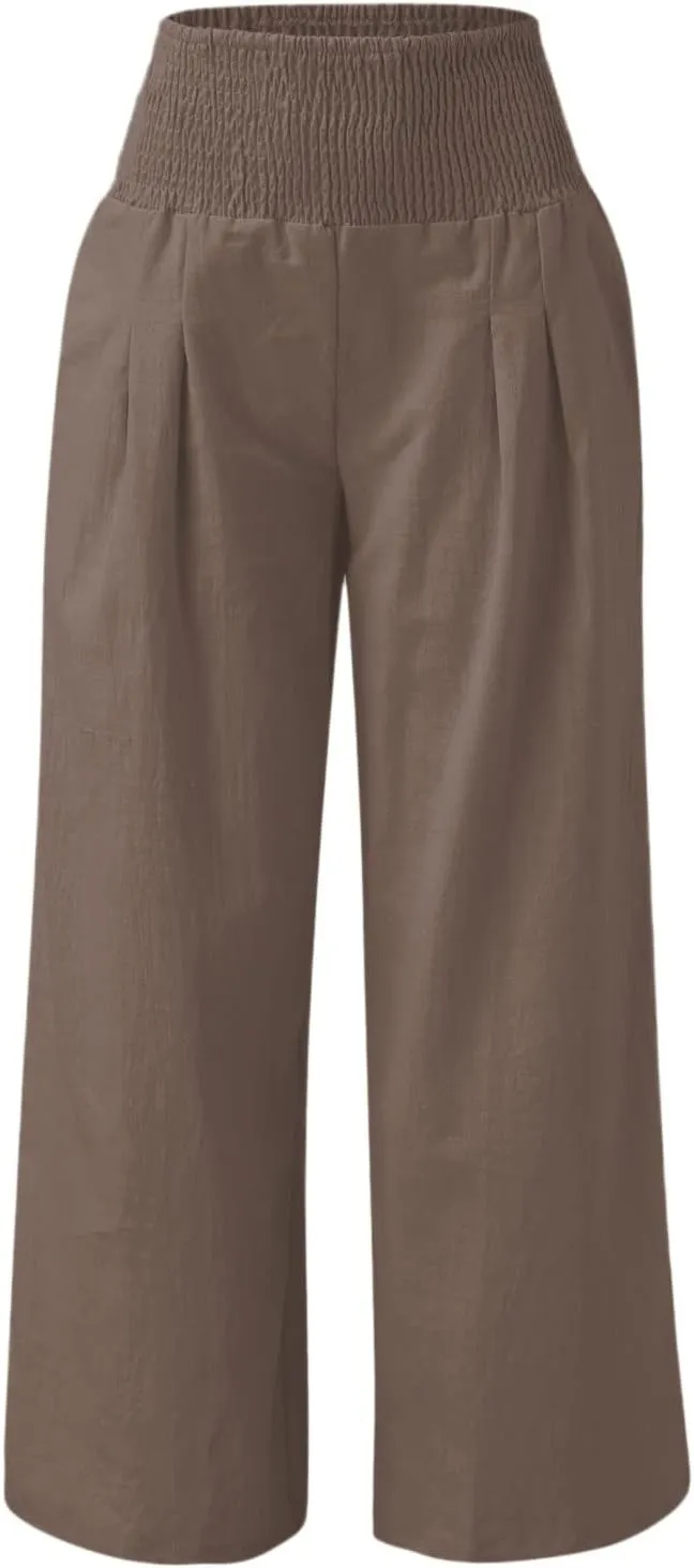 Linen Palazzo Pants For Women Summer Boho Wide Leg High Waist Trousers Casual Lounge Pants Trousers with Pockets